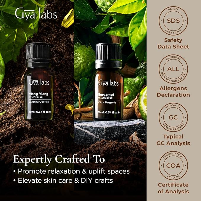 Gya Labs Ylang Ylang Essential Oil & Bergamot Essential Oil Combo Pack (0.34 Fl Oz, Pack of 2) - Premium Essential Oils for Diffuser, Skin, Hair, Aromatherapy, Soap & Candle Making Scents