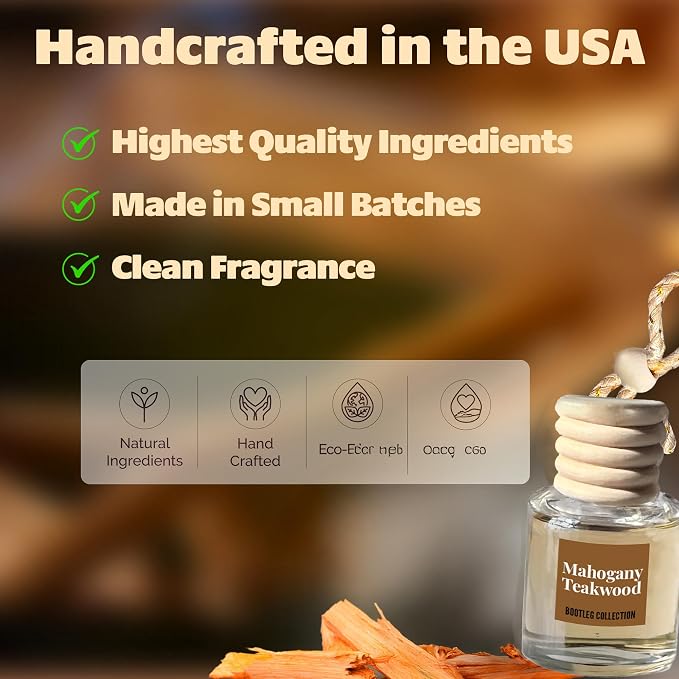 Car Air Freshener Diffuser, Mahogany Teakwood Aromatherapy, Natural Fragrance Oil, Long Lasting, by Bootleg Collection, Made in USA