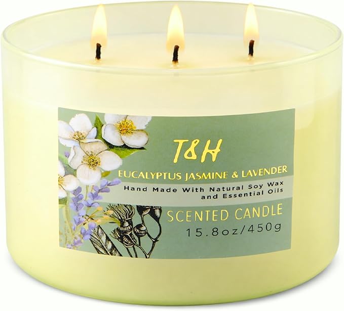 Eucalyptus Jasmine Lavender Scented Candle | 3-Wick Large Soy Candle for Home, 15.8 oz | Eucalyptus & Lavender Aromatherapy Candle | Self Care Gifts for Women, Candles for Men