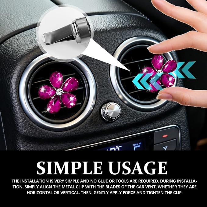 5PCS Bling Daisy Flower Car Air Vent Clips, Car Diffuser Vent Clip, Sparkling Crystal Rhinestone Cute Auto Air Conditioning Clamp, Diamond Air Outlet Clip Decor for Women Girls (Rose Red)