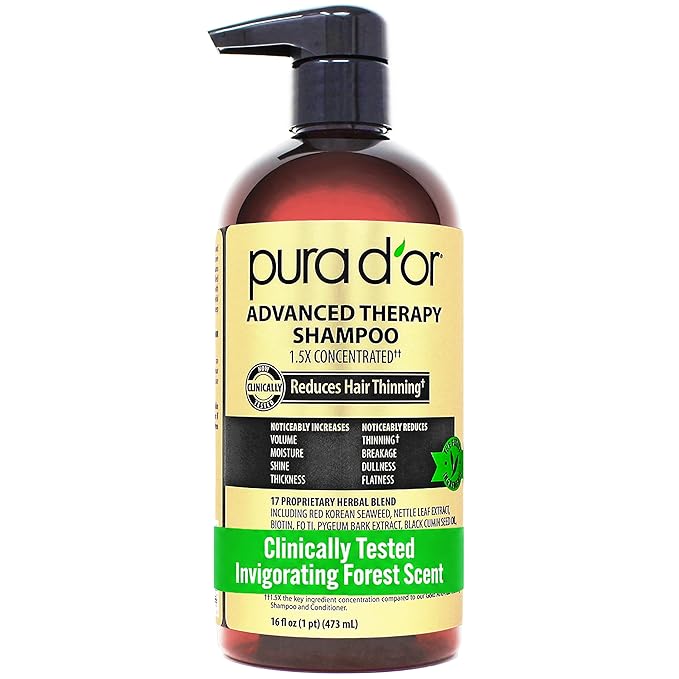 PURA D'OR Advanced Therapy Shampoo Reduces Hair Thinning & Increases Volume, No SLS, Biotin Shampoo Infused w/Argan Oil, Aloe Vera for All Hair Types, Men & Women, Invigorating Forest Scent 16 Fl Oz