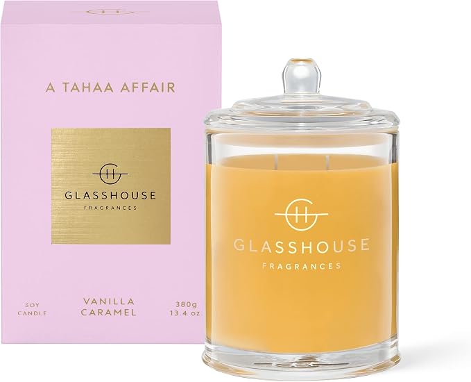 Glasshouse Fragrances A Tahaa Affair Candle, Triple Scented Natural Soy Wax Blend, 2 Wicks & Glass Jar, 65 Hour Burn Time, Vanilla Caramel, 13.4 Oz (380g)