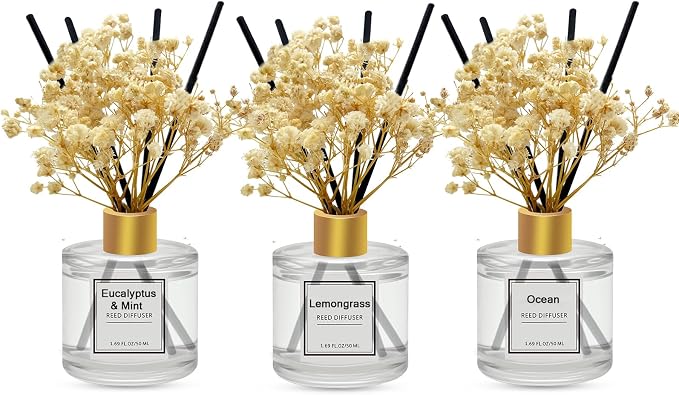 Reed Diffuser Set of 3 Pack,Ocean,Eucalyptus & Mint,Lemongrass Scented Oil Diffuser with 4 Sticks,Reed Diffusers for Home,Living Room,Bathroom Air Freshener Diffuser,50ml x 3
