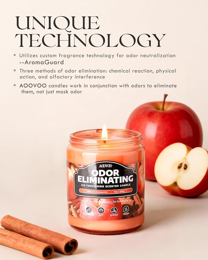 AOOVOO Apple Cinnamon Odor Eliminating Highly Fragranced Candle - Eliminates 95% of Pet, Smoke, Food, and Other Smells Quickly, Non Toxic Air Freshing Soy Candle, 9 oz Up to 50 Hours Burn time