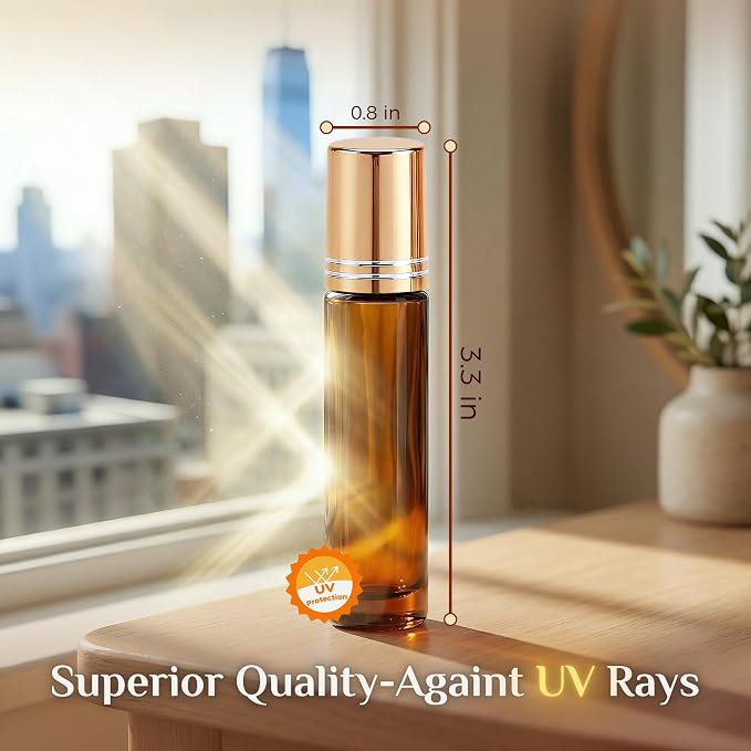 PrettyCare 24 Pack, 10 ml Essential Oil Roller Bottles with Stainless Steel Roller Ball - Refillable Leak-proof Empty Thick Amber Glass Roll on Bottles with Metal Caps for Travel, Perfume
