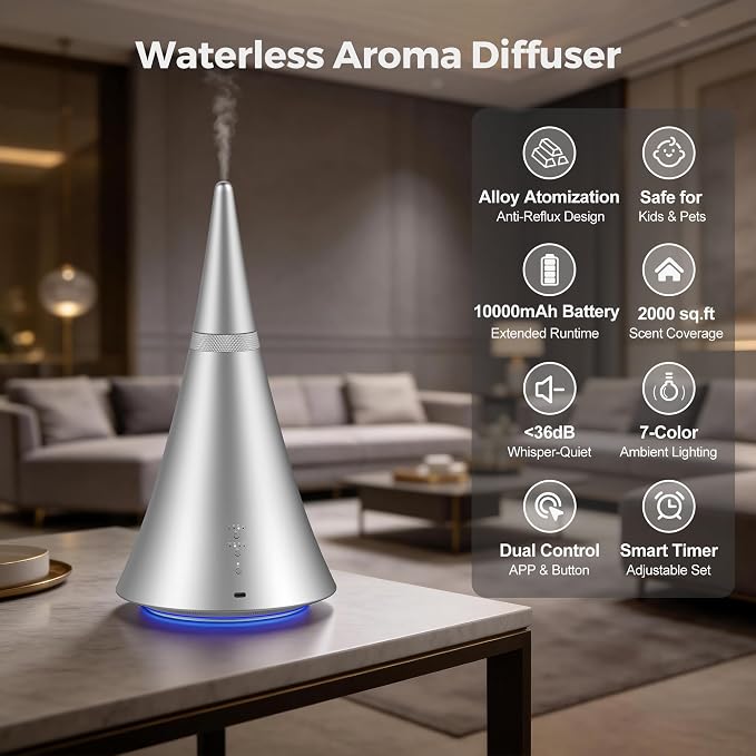 Waterless Diffuser, 2000 Sq.Ft Coverage，Essential Oil Diffuser with Bluetooth App Remote Control, Adjustable Mist Mode, Timer, Mood Lights Aromatherapy Diffuser for Home, Office, Hotel