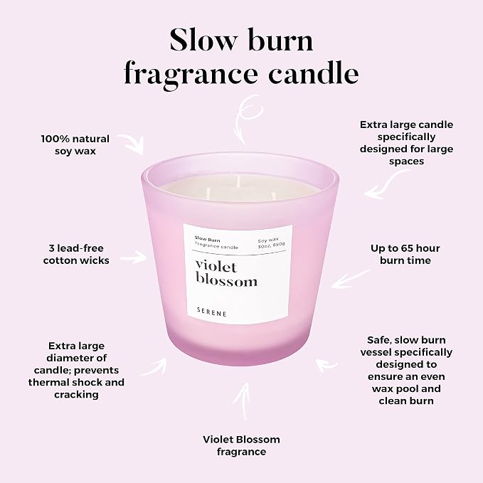 Hidden Label Large Scented Candle, Violet Blossom, 30oz 3 Wick Huge Candle, Serene Collection Slow Burn Natural Soy Candles for Home Scented