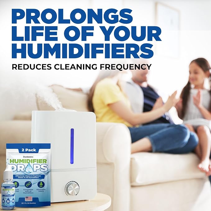 Durabasics [2 Pack] Humidifier Drops for Cleaning - Food Grade Humidifier Cleaner Slows Buildup & Scaling - Cleans & Deodorizes Water - Suitable for All Models - 200+ Day Supply - Made in USA
