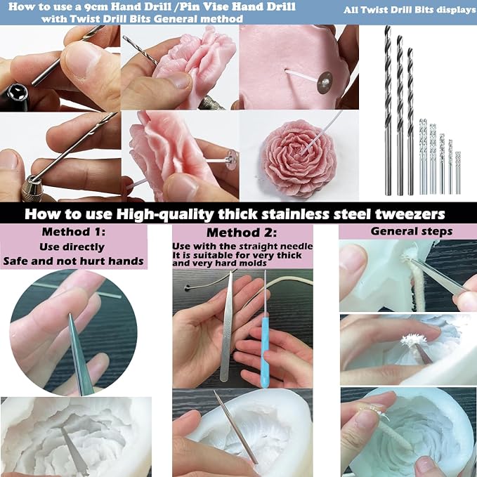 155PCS Adjustable Candle Hole Drill Needle with Candle Wick Roll 200 Ft,Candle Making Kits to Insert Wick in Silicone Molds,Mold Hook & Eye Punch Needle,Big Hole Long Needle,Stickers,Center Holder