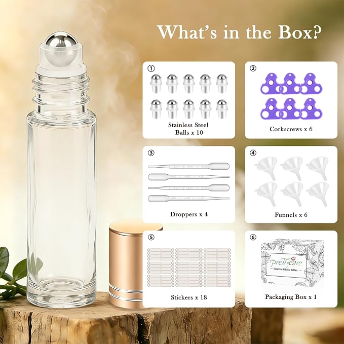 PrettyCare 60 Pack, 10 ml Essential Oil Roller Bottles with Stainless Steel Roller Ball - Bulk Refillable Leak-proof Empty Thick Clear Glass Roll on Bottles with Metal Caps for Travel, Perfume