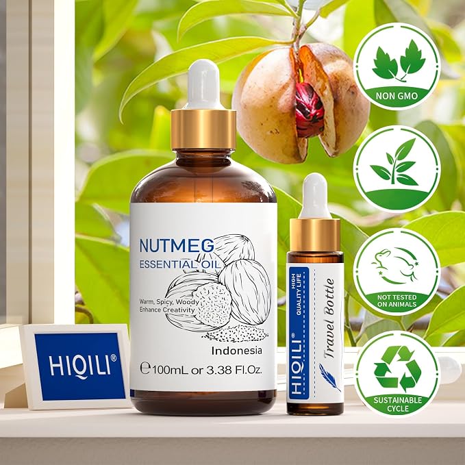 HIQILI Nutmeg Essential Oil 3.38 Fl Oz, Nutmeg Oil for Aromatherapy, Diffuser - 100ml