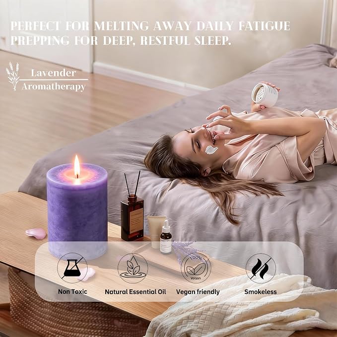 4 Pack Lavender Scented Pillar Candles-2.8x4 in Purple Decorative Candles,60-Hour Long Lasting Burn,Handmade Rustic Pillar Candles for Home Fragrance,Stress Relief, Home Spa & Meditation