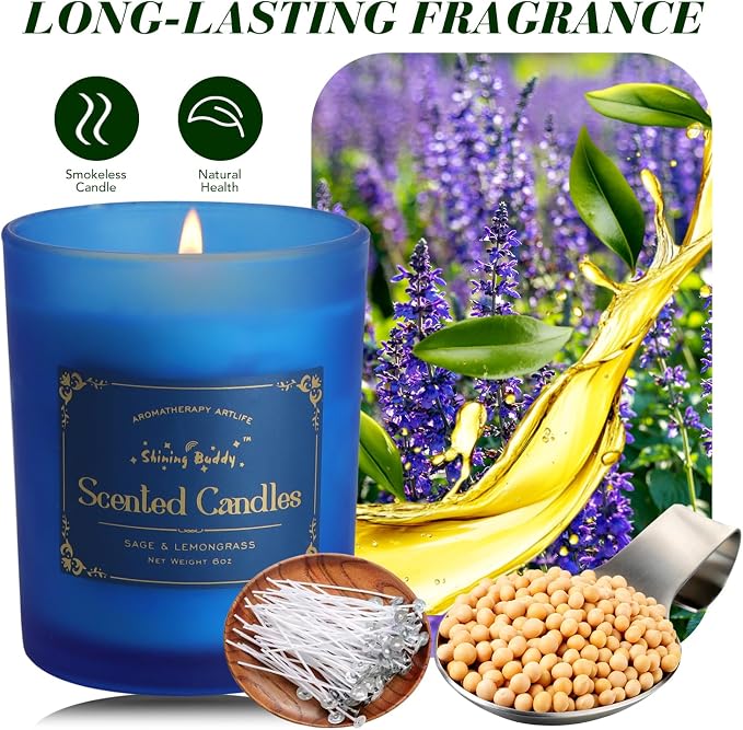 Sage & Lemongrass Scented Soy Candles for Home Spa Aromatherapy Candles with Natural Essential Oils | Long-Lasting Outdoor/Indoor Use, Calm Relaxation Gifts– 6OZ