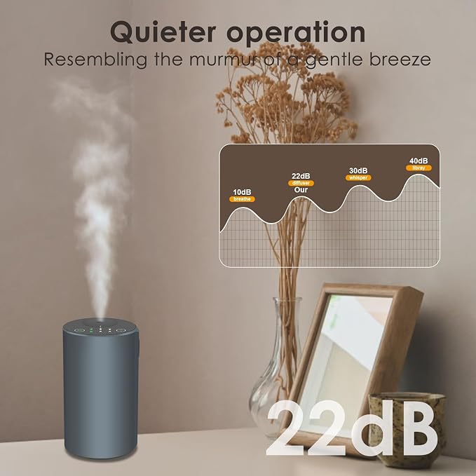 Waterless Essential Oil Diffuser, Battery Powered Mini Scent Air Machine, Aromatherapy Mist Diffuser for Home Room Car Office，Black Aluminum Alloy (Grey)