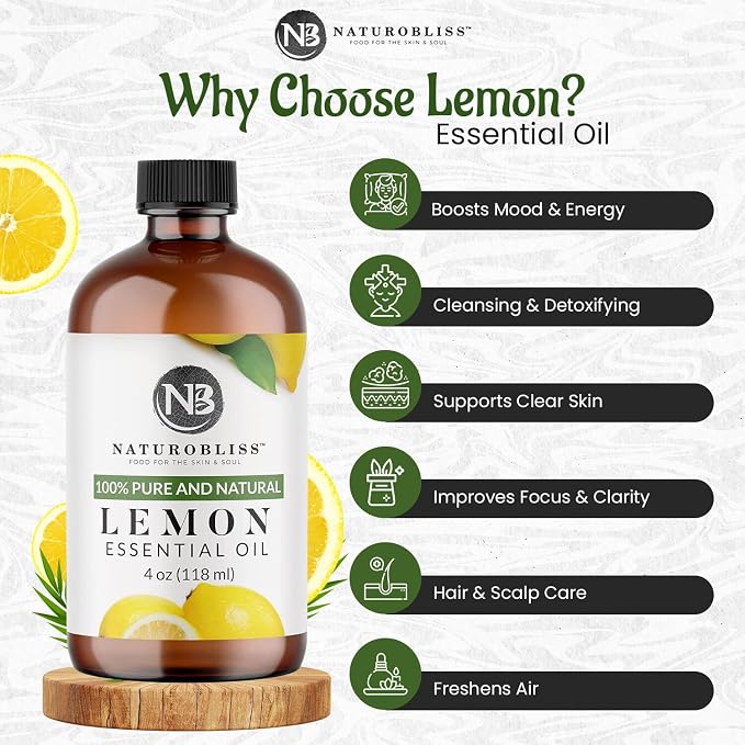 NaturoBliss 100% Pure Lemon Essential Oil Therapeutic Grade Premium Quality (4 fl. oz) with Glass Dropper, Perfect for Aromatherapy