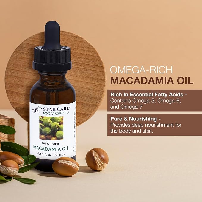 100% Pure Macadamia Oil 1 oz (30ml) Premium Virgin Macadamia Nut Oil for Hair Skin Face Nails Deeply Moisturizing Fast-Absorbing Carrier Oil with Dropper