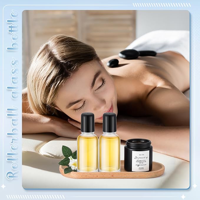 Sumind 24 Sets Clear 30ml Roller Glass Bottle Essential Oil with Stainless Steel Refillable Sample Container Brown Empty Roller Bottle Applicator with Funnel Sticker for Travel