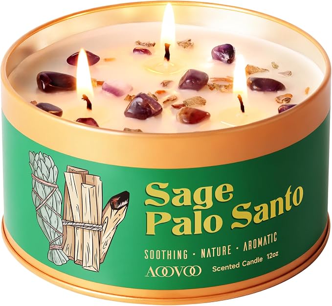 AOOVOO Sage & Palo Santo Candle for Cleansing - 3 Wick 12oz Large Scented Candle with Crystals & Sage & Palo Santo Inside, Soy Candle Non-Toxic for Meditation Spiritual Healing Gift