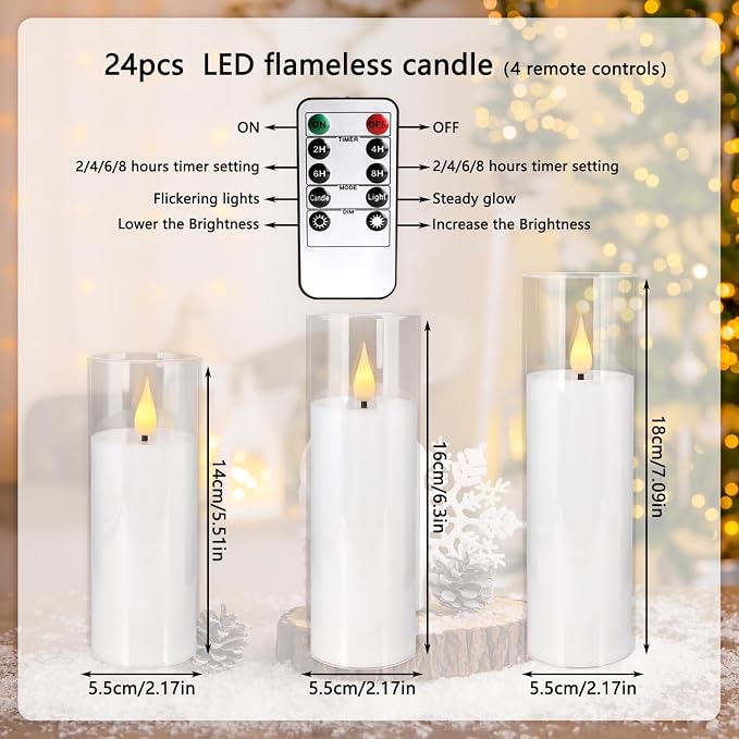 24-Pack Premium Flameless LED Candles - Elegant White & Clear Acrylic Pillar Design with Realistic Flickering Flame, Remote Control & Timer for Weddings, Christmas, Halloween & Home Decor