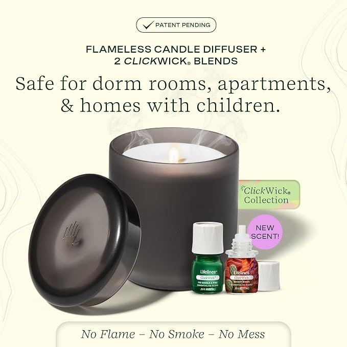 Lifelines Flameless Candle Aromatherapy Essential Oil Diffuser with 2 ClickWick Essential Oil Blends - Cordless & Waterless Diffuser for Home - Scented Electric Candles Blow Out Flame – Charcoal