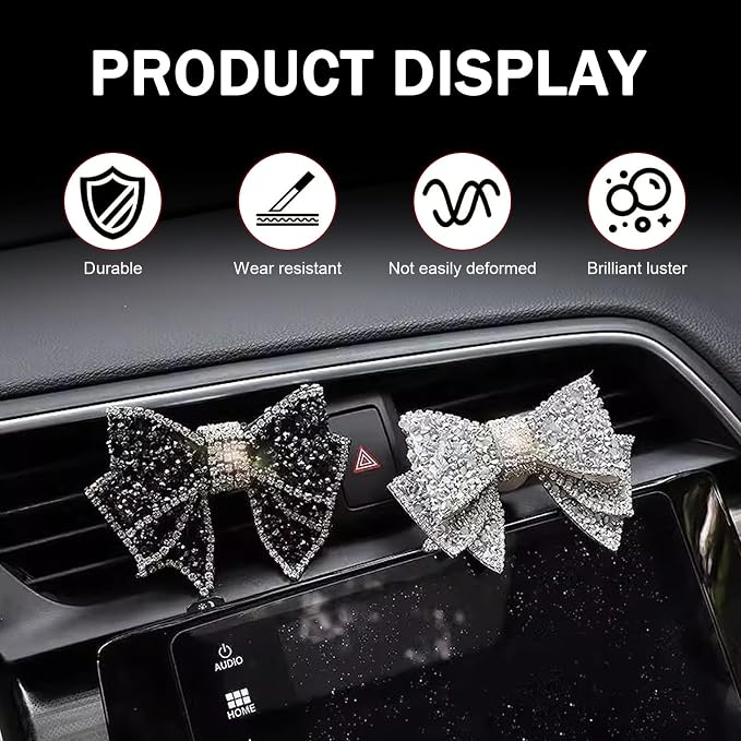 2PCS Car Vent Butterfly Bow Clip, Sparkling Rhinestone Bow Vehicle Vent Decor Clip, Adorable Stylish Butterfly Diffuser for Cars Offices Restaurants Cafes, for Women (Black & White)