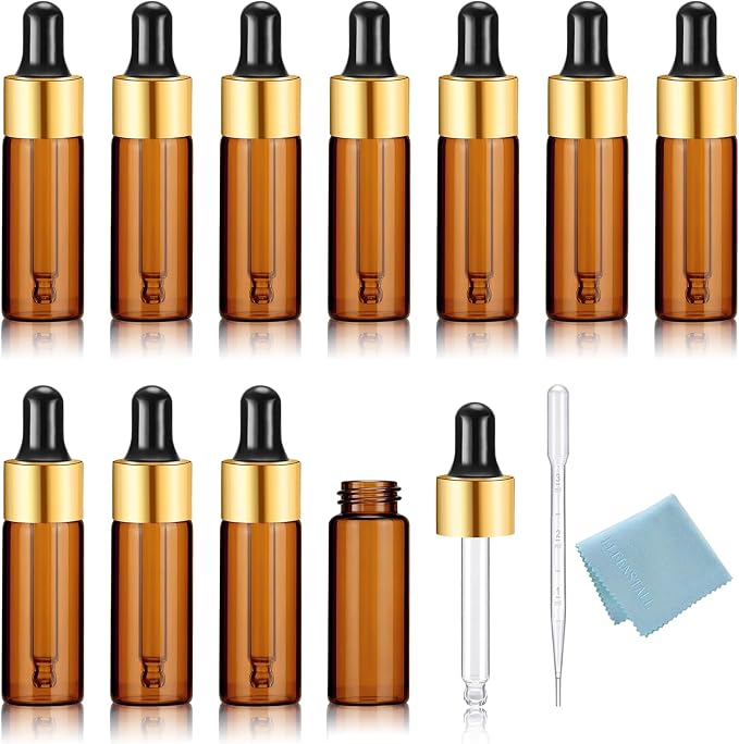 Elfenstall- 10Pcs 5ml Amber Dropper Bottles Small Empty Glass Bottle Sample Containers Liquid Vials for Perfume Essential Oils Cosmetic Aromatherapy Lab and Travel