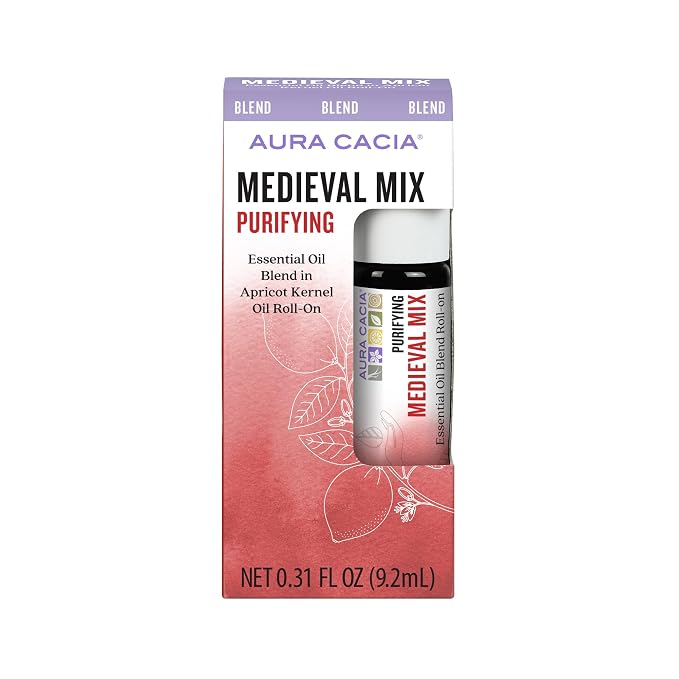 Aura Cacia Aromatherapy Roll-On, Medieval Mix - Pre-Blended Essential Oils in Apricot Kernel Carrier Oil for a Purifying Aromatic Experience | 0.31 Fl Oz (Pack of 1)