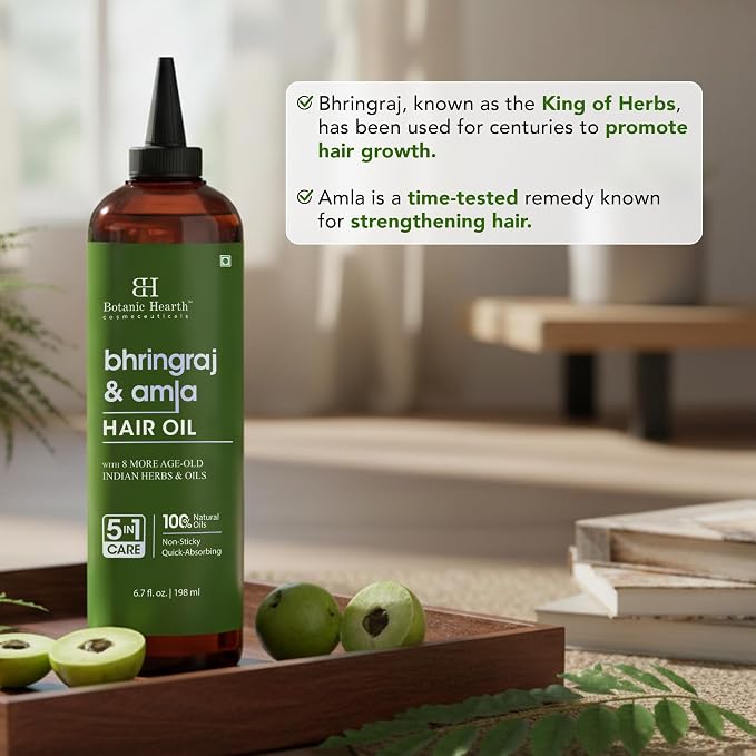 Botanic Hearth Bhringraj & Amla Hair Oil | Nourishing Scalp & Hair Oil for Dry, Frizzy Hair | Supports Fuller-Looking Hair & Shine | Lightweight Botanical Formula | No Harsh Additives | 6.7 fl oz