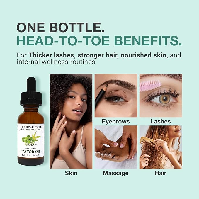 100% Pure Castor Oil Expeller-Pressed Virgin Oil for Hair Growth, Eyelashes, Eyebrows and Skin Moisturizer Premium Dropper Included, 1 fl oz (30ml)