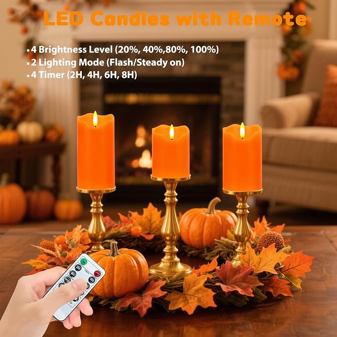 Flameless Candles Lights, Set of 3 Orange Flickering LED Candles with Remote & Timer, Dimmable LED Pillar Candles Battery Operated, Electric Candles for Fall Halloween Thanksgiving Decor (Orange)