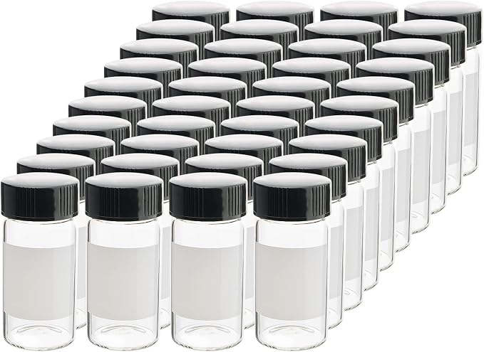 Kesell 40-Pack 20ml (0.68oz, 5.4dram) Clear Glass Vials with Labels - Borosilicate Glass Sample Bottles for Samples - Essential Oil Storage Containers, Leak Proof Refillable Empty Bottles