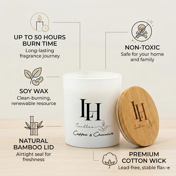 LH Coffee Chocolate Scented Candle 10.6 oz – Highly Scented Soy Candle Natural Non-Toxic Candles for Home Relaxing Stress Relief Gift for Women Strong Coffee and Chocolate Aroma