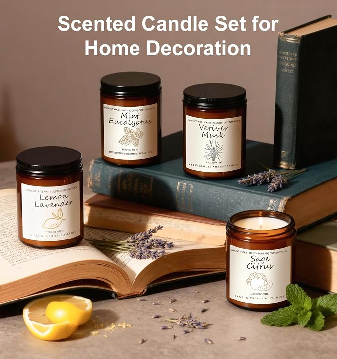 Scented Candle Gift Set, 4 Pack 25oz Soy Wax Candles, Long Lasting Aromatherapy Candles for Home Fragrance, Ideal Gift for Women and Men – Eucalyptus Mint, Lemon Lavender, Musk Vetiver, Sage Citrus