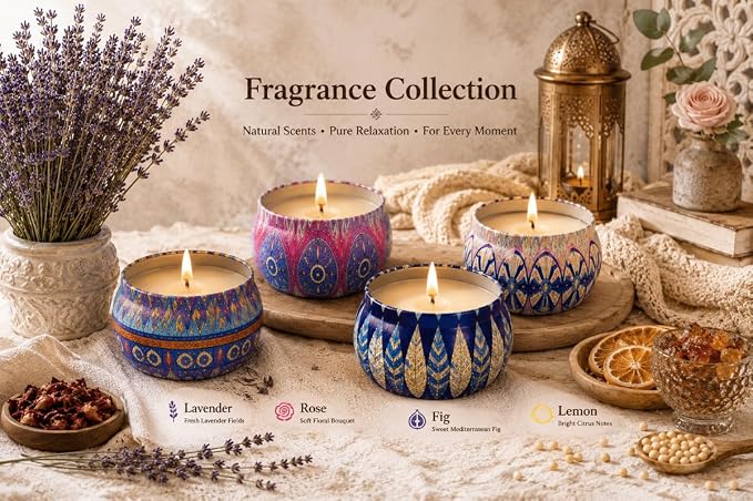 Scented Candles Gift Set for Home 4 Pack Large 4.4 Oz Soy Wax Candles, Aromatherapy for Relaxation & Stress Relief, Lavender Rose Lemon Fig, Long Lasting Birthday Gifts for Women, Her, Mother's Day