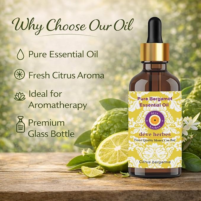 Deve Herbes Pure Bergamot Essential Oil (Citrus bergamia) Premium Therapeutic Grade Steam Distilled for Personal Care 300ml (10 oz)