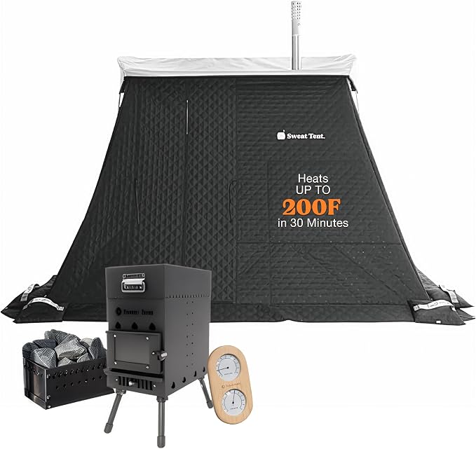 SweatTent Portable Outdoor Sauna (Extra Large) Standard Bundle – Complete Kit with Stove, Sauna Rocks, Basket, Gloves, Fire Poker, Thermometer, Quick Assembly, 10 Adults, Backyard & Camping