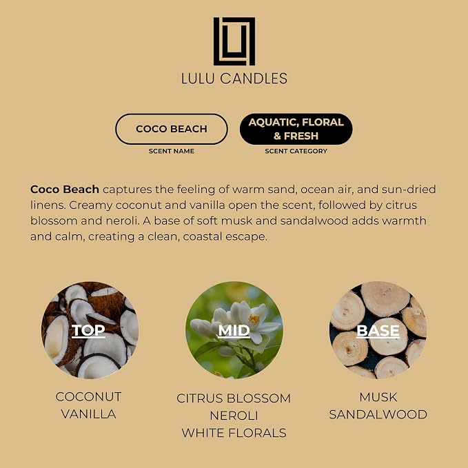 Lulu Candles | Coco Beach | Smells Like a Vacation | Luxury Scented Soy Jar Candle | Hand Poured in The USA | Highly Scented & Long Lasting (9 Oz.)