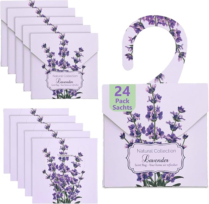 24 Pack Lavender Sachets, Natural Closet Freshener Drawer Sachets Hanging Home Fragrance Long Lasting with 10 Hanging Bags