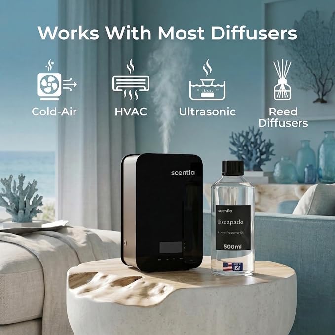 Scentia Escapade Diffuser Oil for HVAC Scent Machine – Hotel Fragrance Inspired by Ri.tz Carlton – 500 mL – Jasmine, Bergamot & Marine Oil for Commercial & Cold Air Diffusers, Made in USA