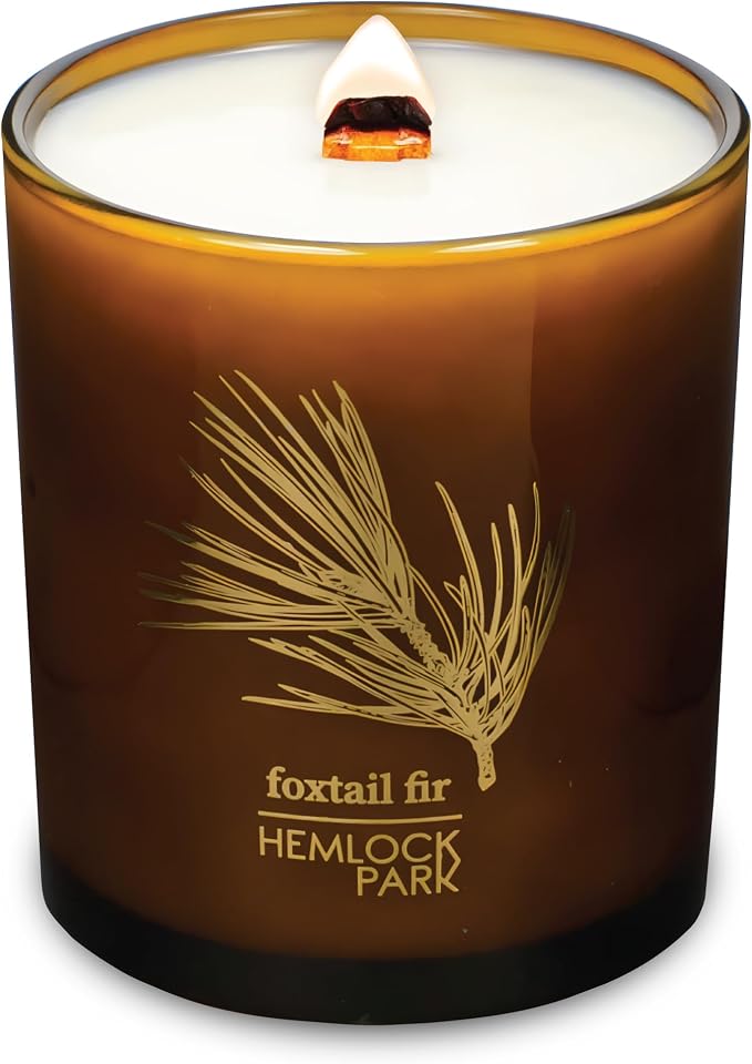 Hemlock Park Foxtail Fir Amber & Gold Scented Candle | Crackling Wood Wick, Botanical Fragrance & Coconut Apricot Wax | Up to 70 Hour Burn Time | 14 oz | Made in USA