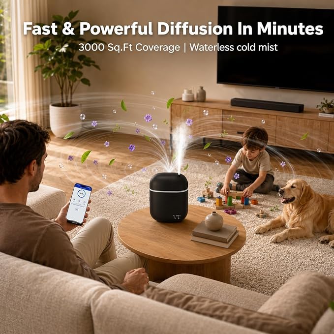 Waterless Essential Oil Diffuser (2 Fragrances Included) 3000 Sq.Ft,Home Hotel Office Use,Cold Air Scent Machine, Bluetooth App Control,LED Light,Wall-Mounted Aroma Diffuser