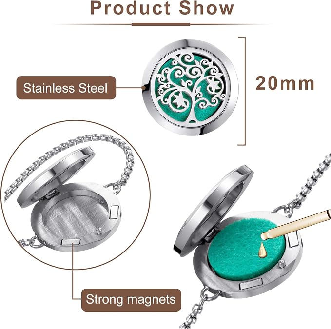 ttstar Essential Oil Diffuser Bracelet Stainless Steel Aromatherapy Locket Adjustable Diffuser Bracelet with 24pcs Refill Pads in 12 Assorted Colors Gift Set for Women(Tree of Hope)