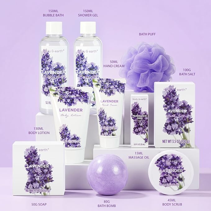BODY & EARTH Spa Gift Baskets for Women 11pcs Lavender Gift Sets with Bubble Bath, Shower Gel, Body Lotion, Mom Birthday Gifts, Spa Kit, Purple Gift for Her, Mothers Day Gifts for Mom