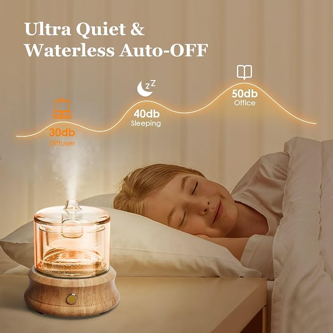 Lecdura 80ML Glass Essential Oil Diffuser with Glass Reservoir & Wood Base, Small Ultrasonic Aroma Diffusers with Auto-Off 7 Color for Home Office Bedroom Yoga