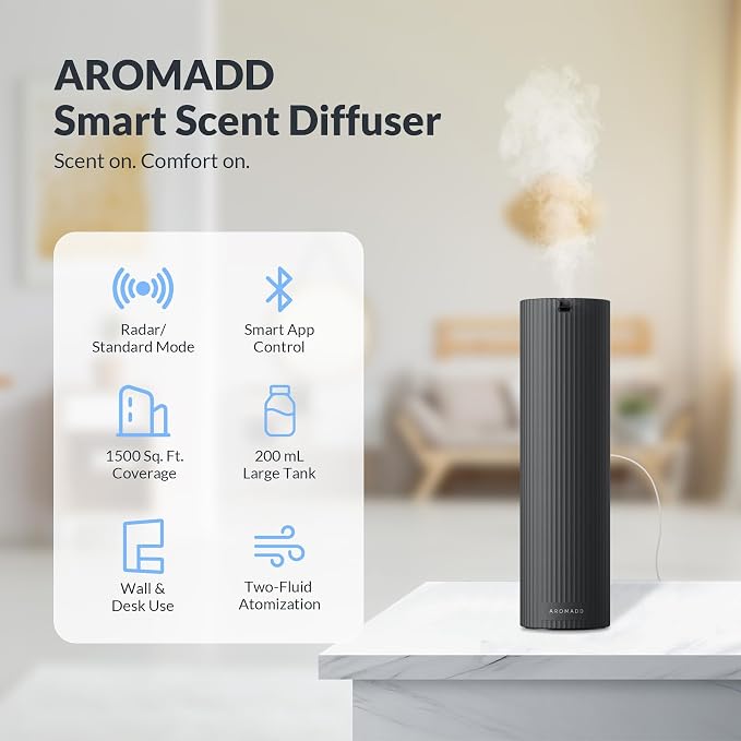Aromadd Scent Diffuser Starter Kit – Waterless Essential Oil Diffuser for Home, 1500 Sq.Ft Coverage Scent Air Machine, Smart Auto Mode Hotel Collection Diffuser with Cold Air Tech (Black)