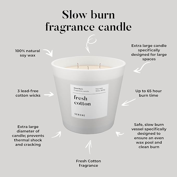 Hidden Label Fresh Cotton Scented Candle, Non Toxic 30oz Large 3-Wick Soy Wax Candle, Up to 120 Hours Long Burning, Clean Cotton Home Fragrance for Bedroom, Relaxation & Housewarming Gift