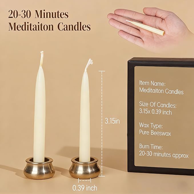 20 Minute Meditation Candles, 12 Pack Mini Beeswax Taper Candles with Brass Candle Holders, Dripless Mini Beeswax Prayer Candles Gift for Yoga Relaxation