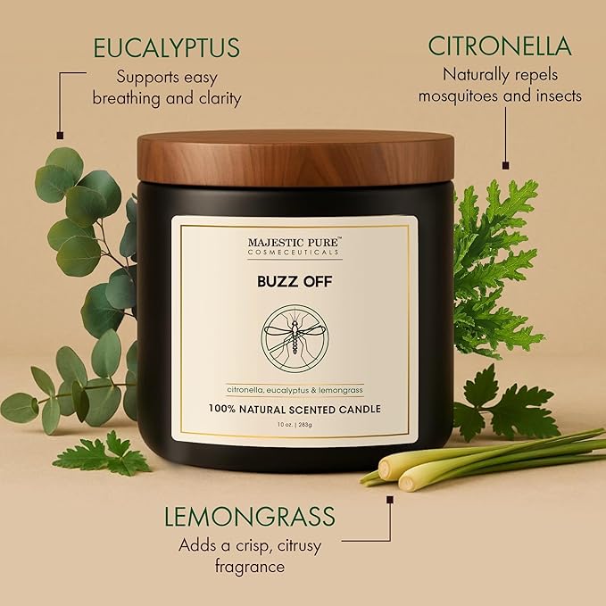 Majestic Pure Citronella Eucalyptus Lemongrass Scented Candle with Upto 45+ Hrs Burn Time, 2-Wick Candle, Soy Wax Blend for Cleaner Burn, 10 oz Jar Candle with Room Filling Fragrance, Buzz