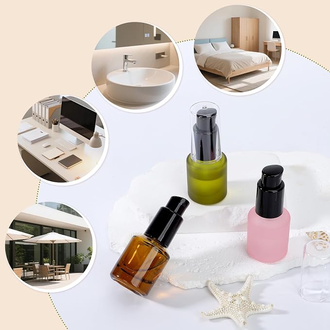 Segbeauty 0.5oz Frosted Glass Pump Bottle Dispenser, 3pcs Empty Travel Size Bottles with Pump, 15ml Refillable Travel Lotion Container, Mini Liquid Containers for Creams Oils Bottle in Mixed Color
