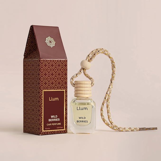 Llum Wild Berries Hanging Car Air Freshener – Luxury Automotive Perfume Diffuser 10ml (0.34 fl oz), Long-Lasting Fragrance, Alcohol-Free Non-Toxic Car Scent, Glass Bottle With Wood Cap